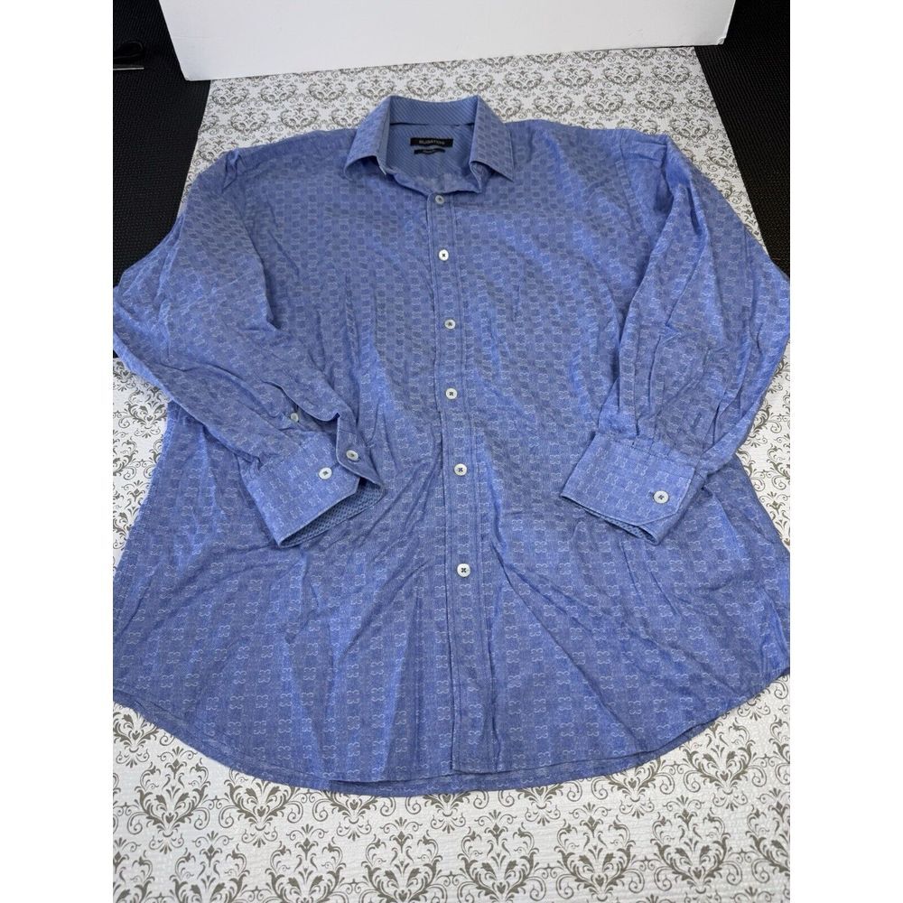 Bugatchi Uomo Shirt Mens Medium Blue Plaid Shaped Fit Button‎ Up Long Sleeve *